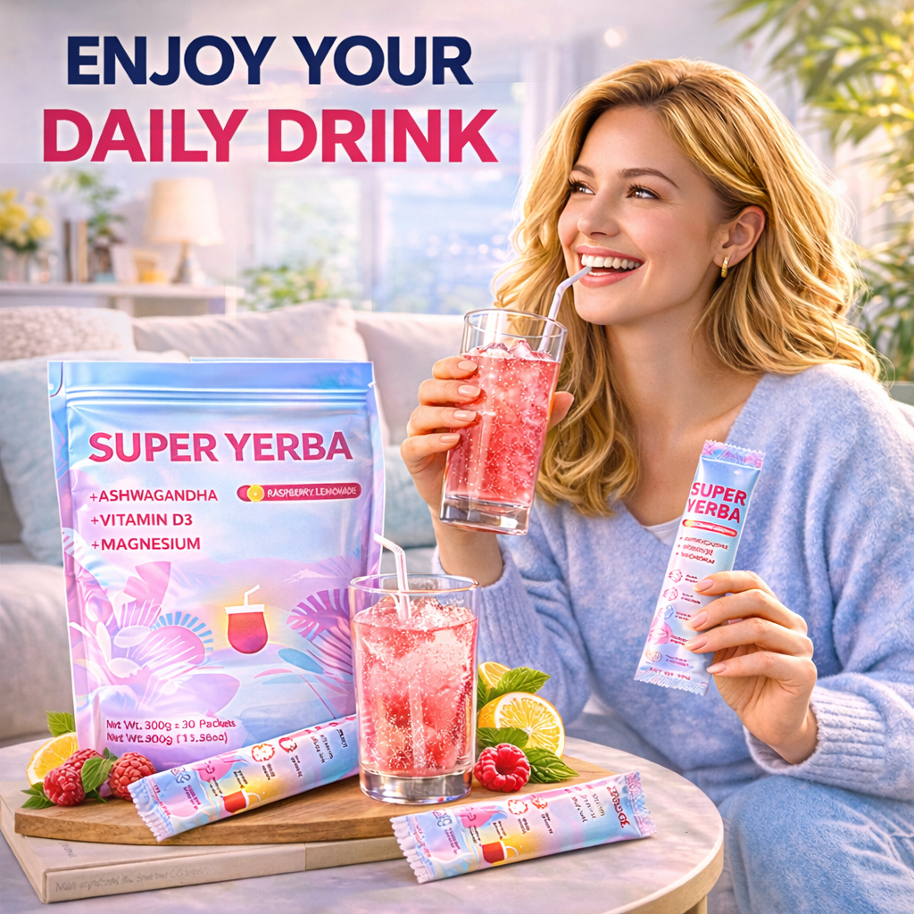 Super Yerba + Ashwagandha, Vitamin D3 & Magnesium – 30 Raspberry Lemonade Packets for Energy, Focus & Digestive Support