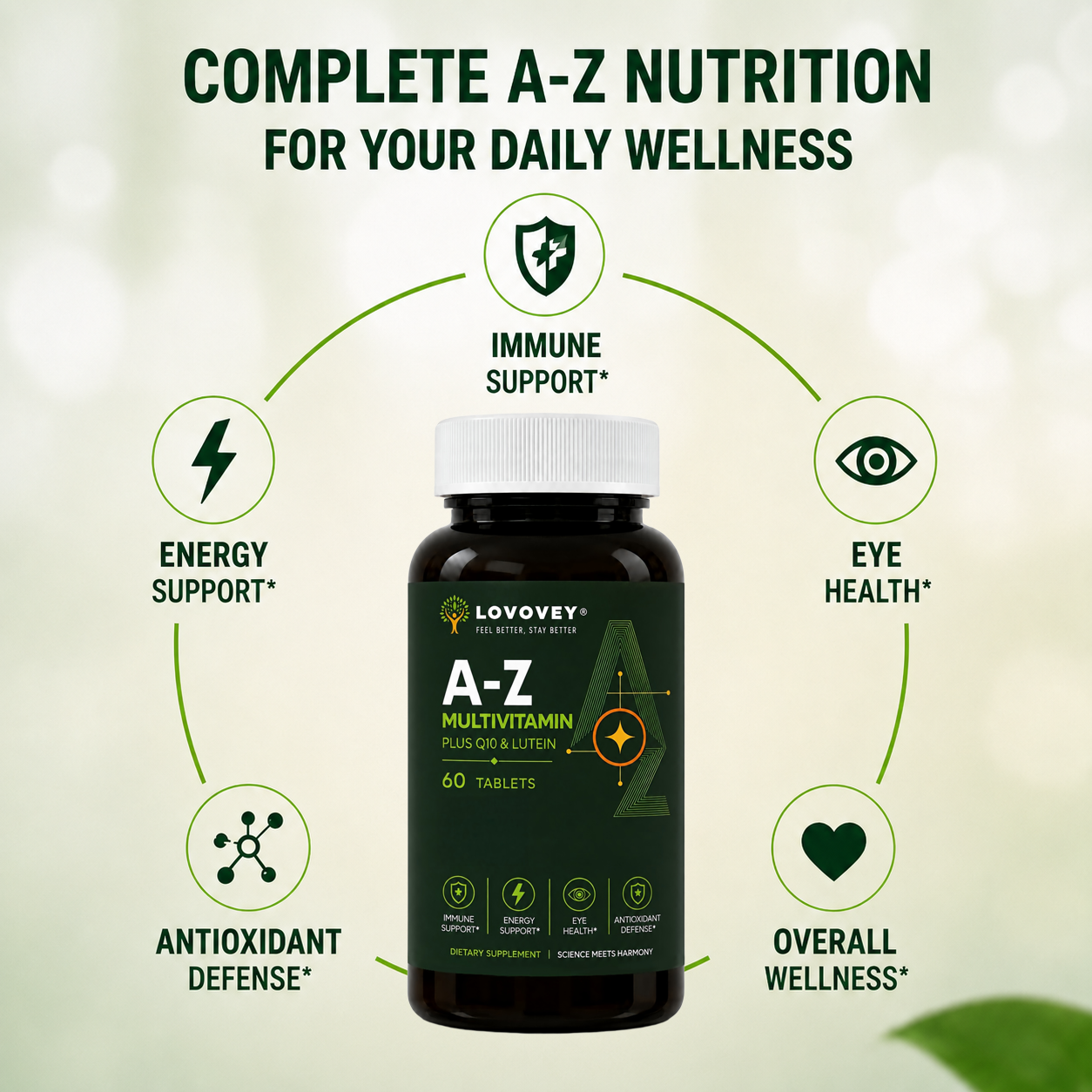 LOVOVEY A-Z Multivitamin CoQ10 & Lutein | Complete Daily Wellness | 60 Tablets