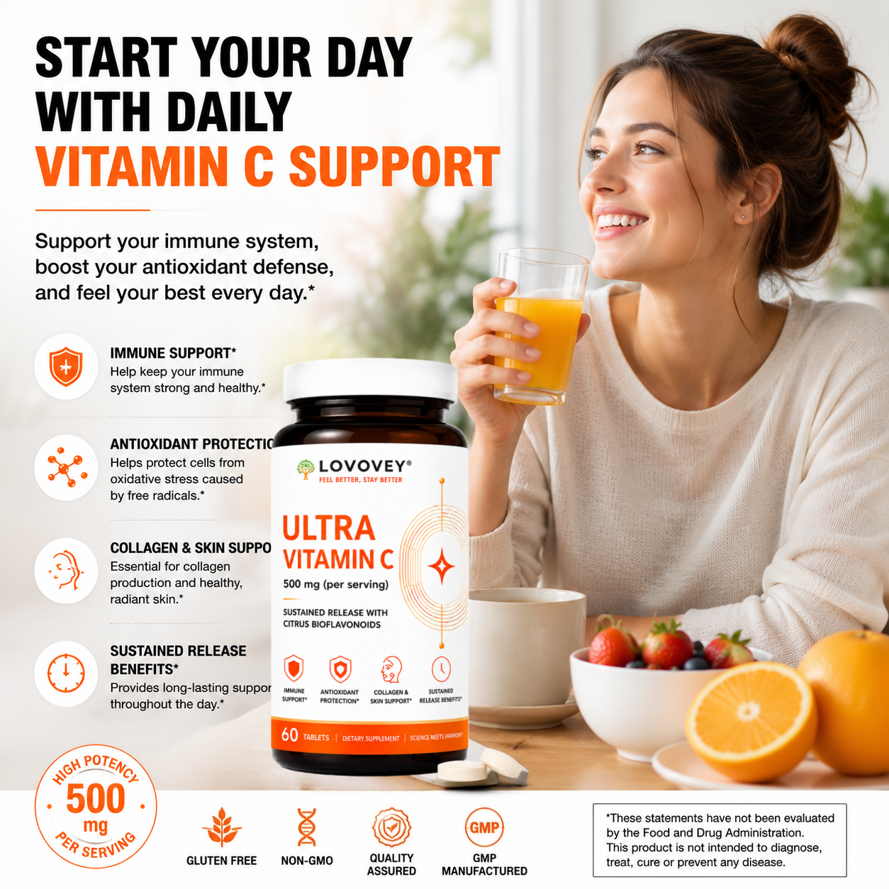 LOVOVEY Ultra Vitamin C 500mg | Sustained Release with Citrus Bioflavonoids | Immune & Antioxidant Support | 60 Tablets