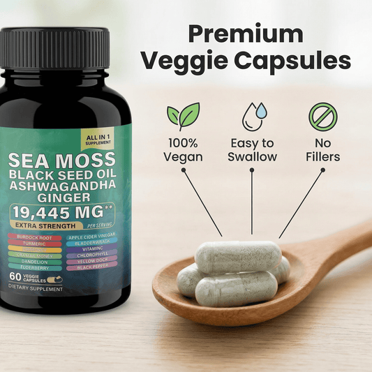LOVOVEY Sea Moss Capsules | 19,445mg Blend with Black Seed Oil, Ashwagandha & Ginger, 60 Count, Daily Wellness Support