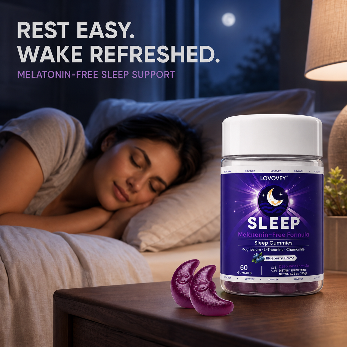 Melatonin-Free Sleep Gummies — Magnesium & L-Theanine | LOVOVEY Blueberry 60 Gummies