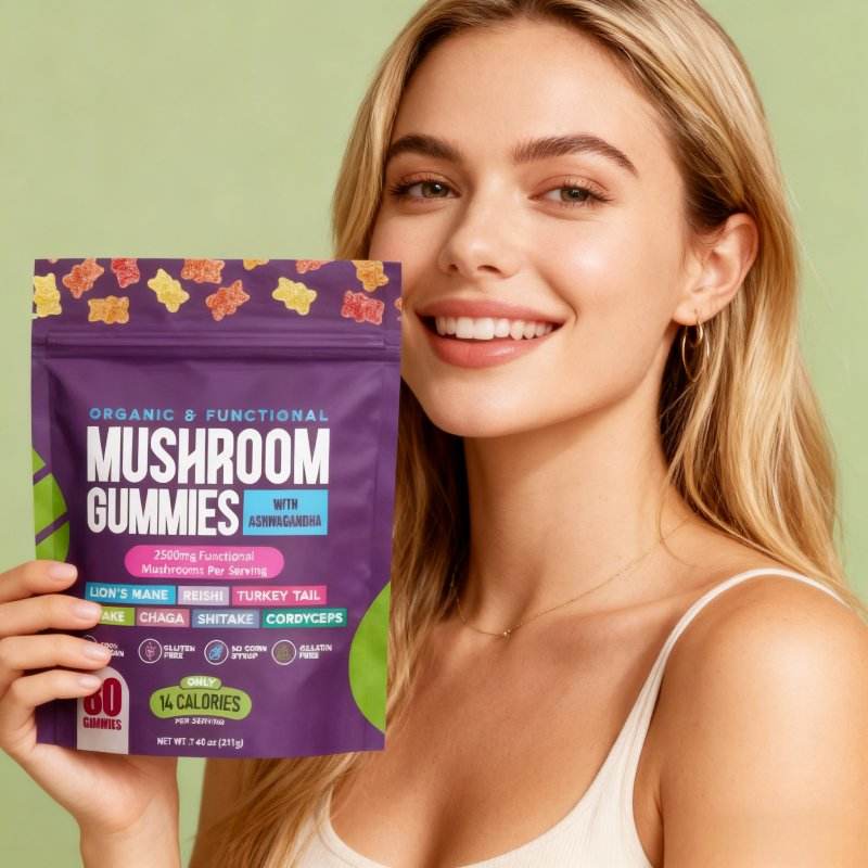 Organic & Functional Mushroom Gummies with Ashwagandha – 2500mg Functional Mushrooms, 80 Vegan Gummies, Low-Calorie Wellness Support