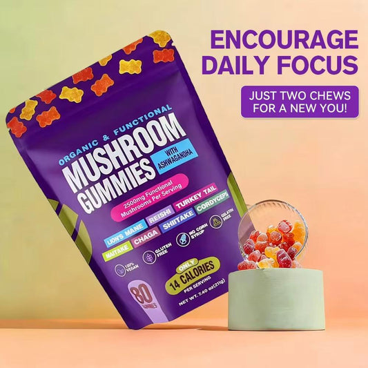 Organic & Functional Mushroom Gummies with Ashwagandha – 2500mg Functional Mushrooms, 80 Vegan Gummies, Low-Calorie Wellness Support