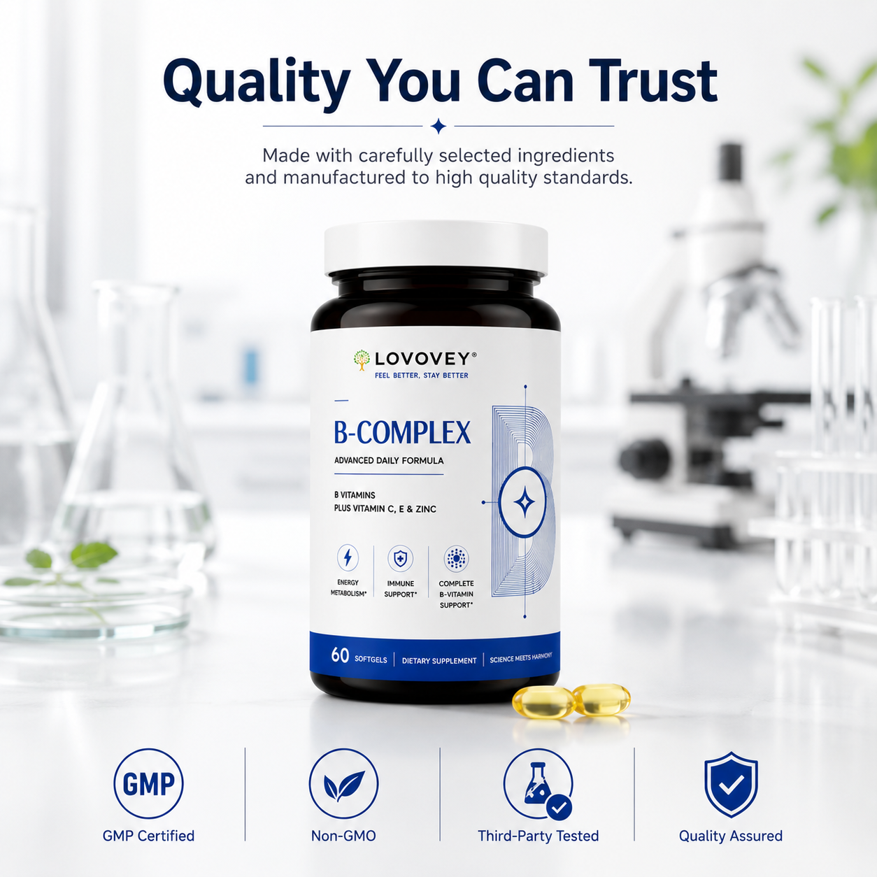 LOVOVEY B-Complex with Vitamin C, E & Zinc | 60 Softgels