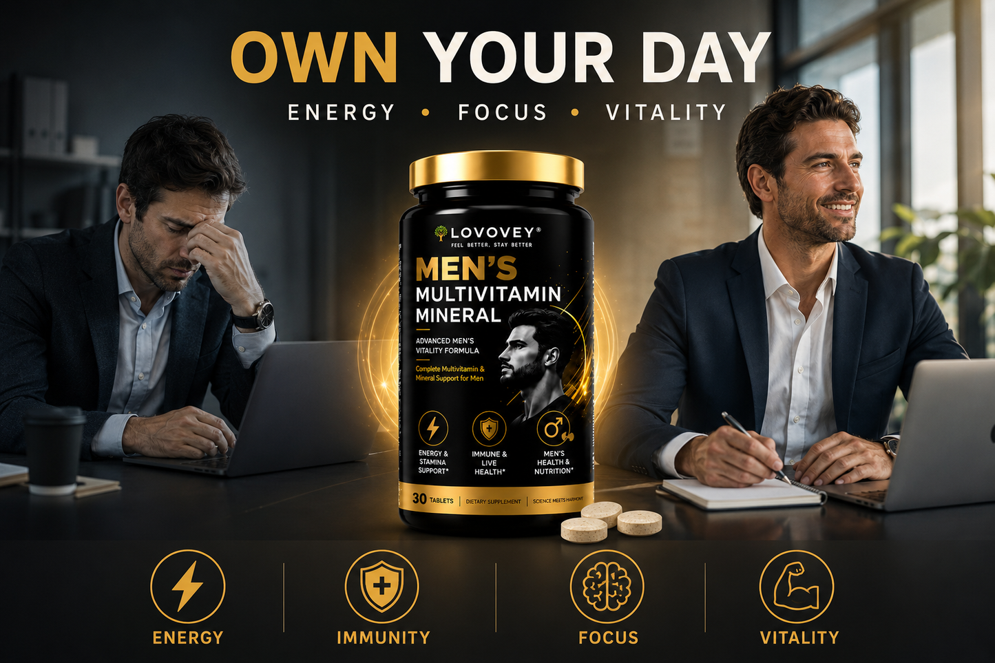 LOVOVEY Men's Multivitamin with Ginseng & CoQ10 | 30 Tablets