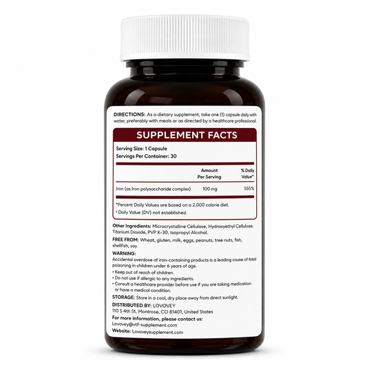 Iron Supplement - Blood Health & Energy Support - LOVOVEY 30 Capsules