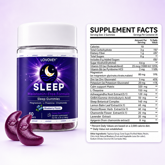 Melatonin-Free Sleep Gummies — Magnesium & L-Theanine | LOVOVEY Blueberry 60 Gummies