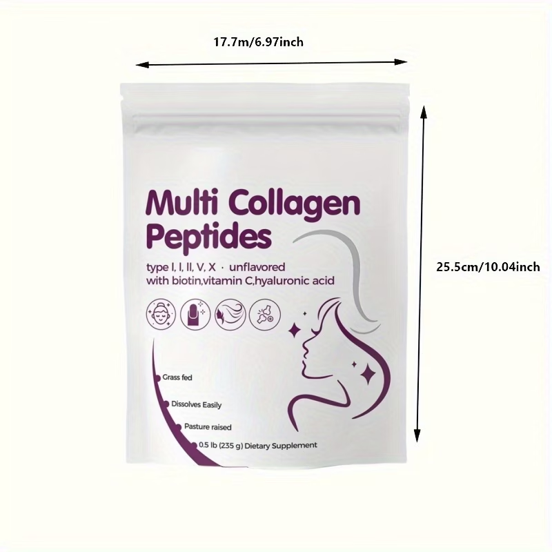 Multi Collagen Peptides Powder – Type I, II, V, X with Biotin, Vitamin C & Hyaluronic Acid for Skin, Hair & Nails – Unflavored, Easy-Dissolve, Grass-Fed, 0.5 lb (235g) Dietary Supplement