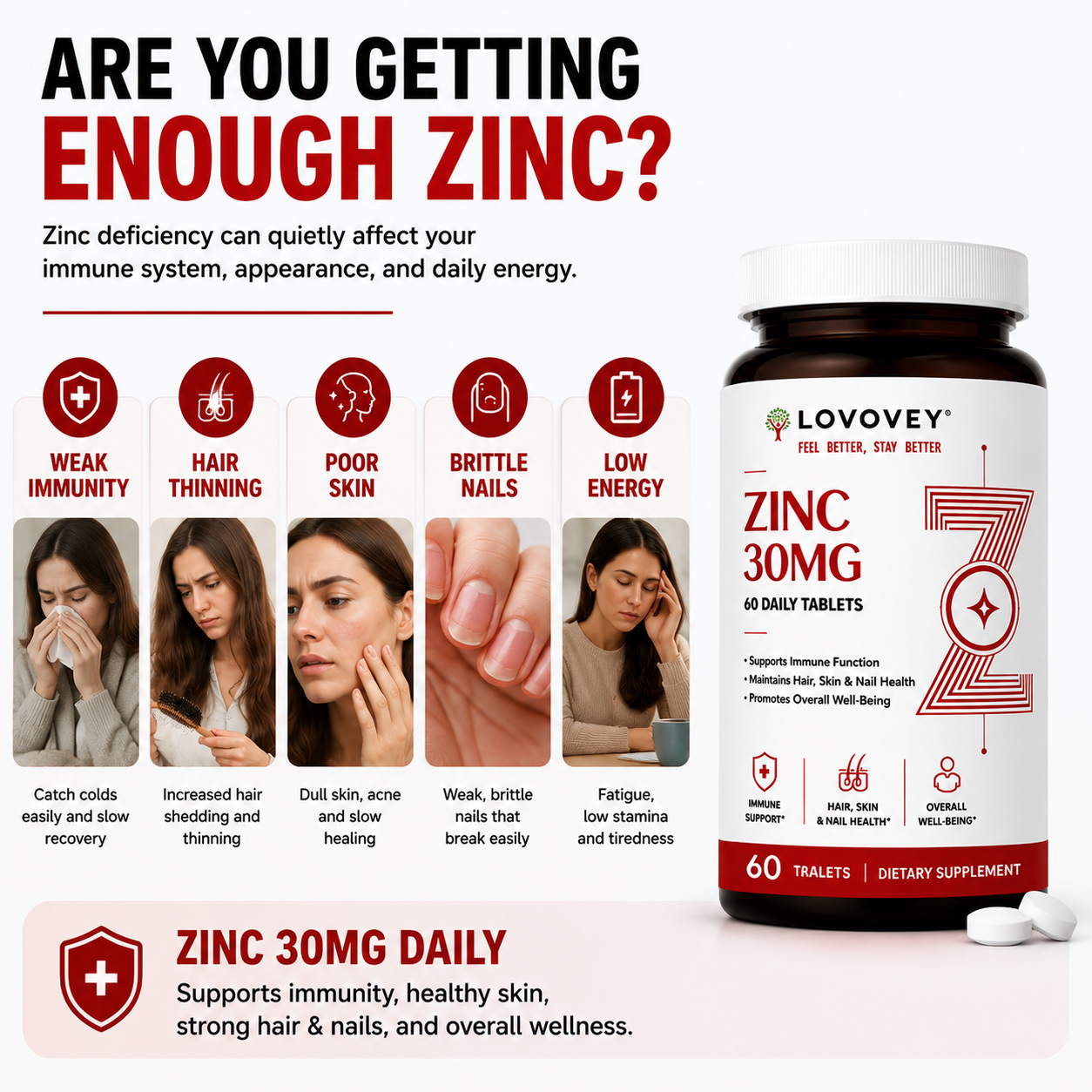 LOVOVEY Zinc 30mg | Immune Support & Skin Health Supplement | 60 Daily Tablets