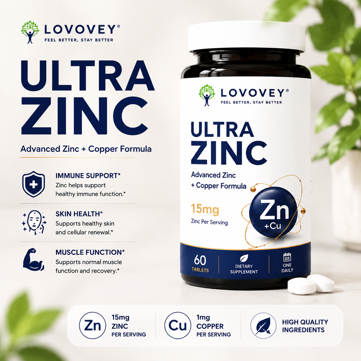 LOVOVEY Ultra Zinc + Copper | Immune & Skin Support | 60 Tablets