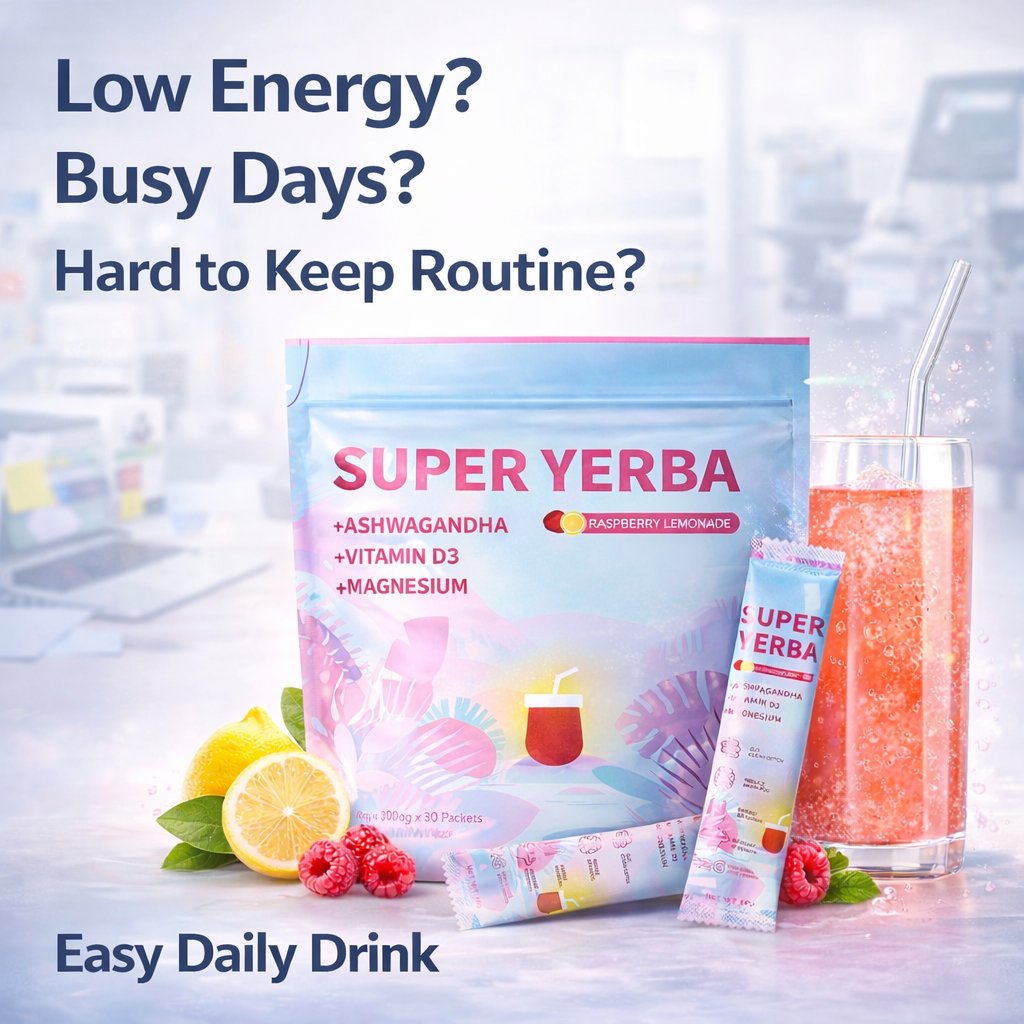 Super Yerba + Ashwagandha, Vitamin D3 & Magnesium – 30 Raspberry Lemonade Packets for Energy, Focus & Digestive Support