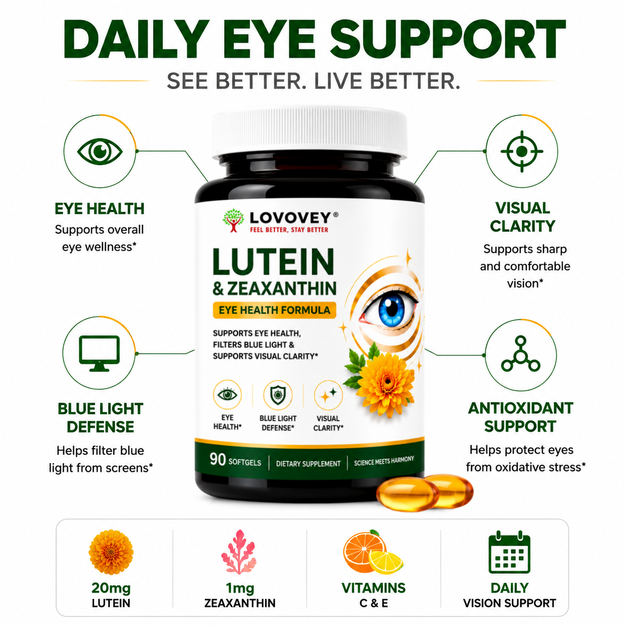 LOVOVEY Lutein & Zeaxanthin Eye Health Formula | 90 Softgels