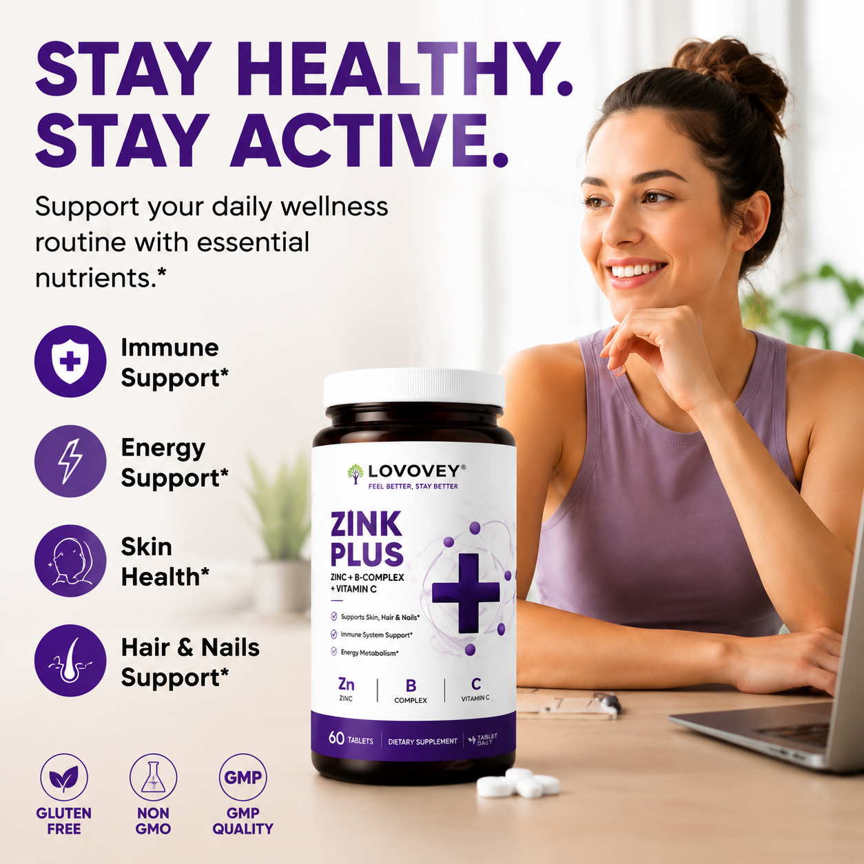 LOVOVEY Zink Plus | Zinc, B-Complex & Vitamin C | Immune Support | 60 Tablets