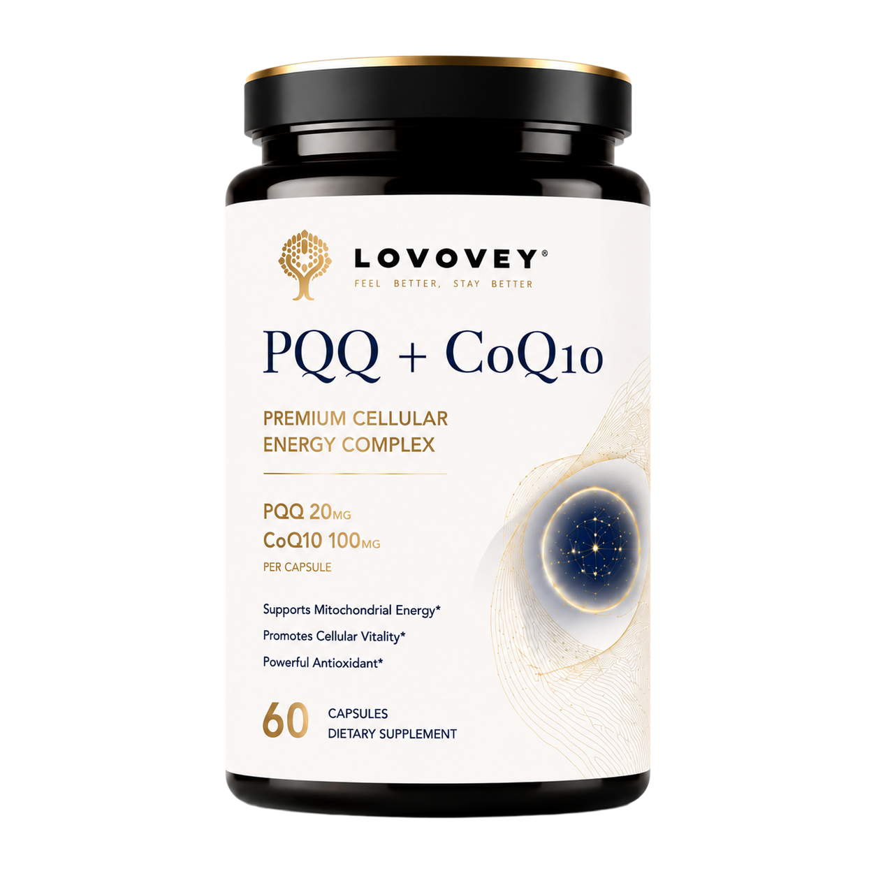 LOVOVEY PQQ + CoQ10 Supplement 200mg | Cellular Energy & Mitochondrial Support Complex | 60 Capsules