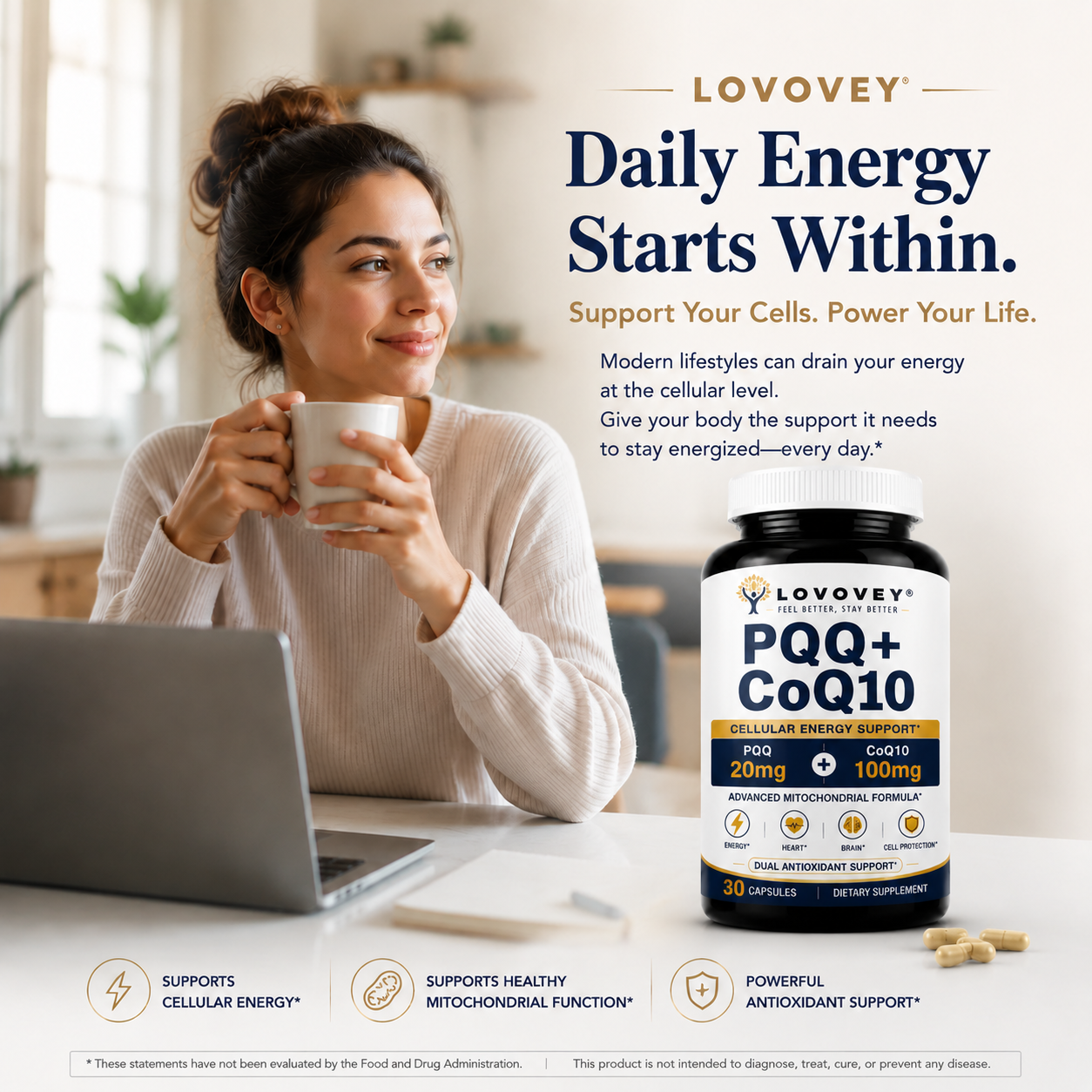 PQQ + CoQ10 Supplement - Cellular Energy & Mitochondrial Support - LOVOVEY 30 Capsules