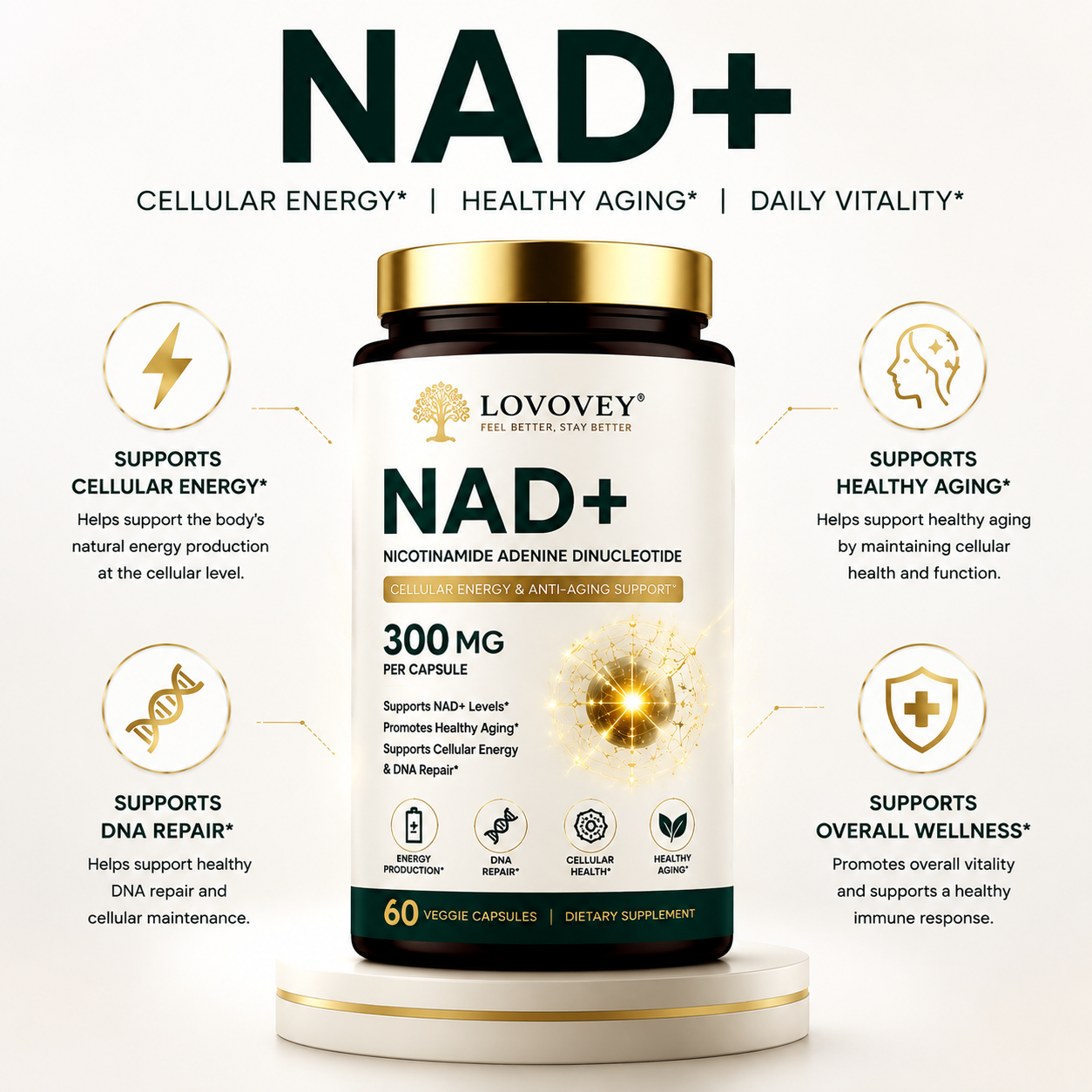 LOVOVEY NAD+ Supplement 300mg | Cellular Energy & Healthy Aging Support | 60 Capsules