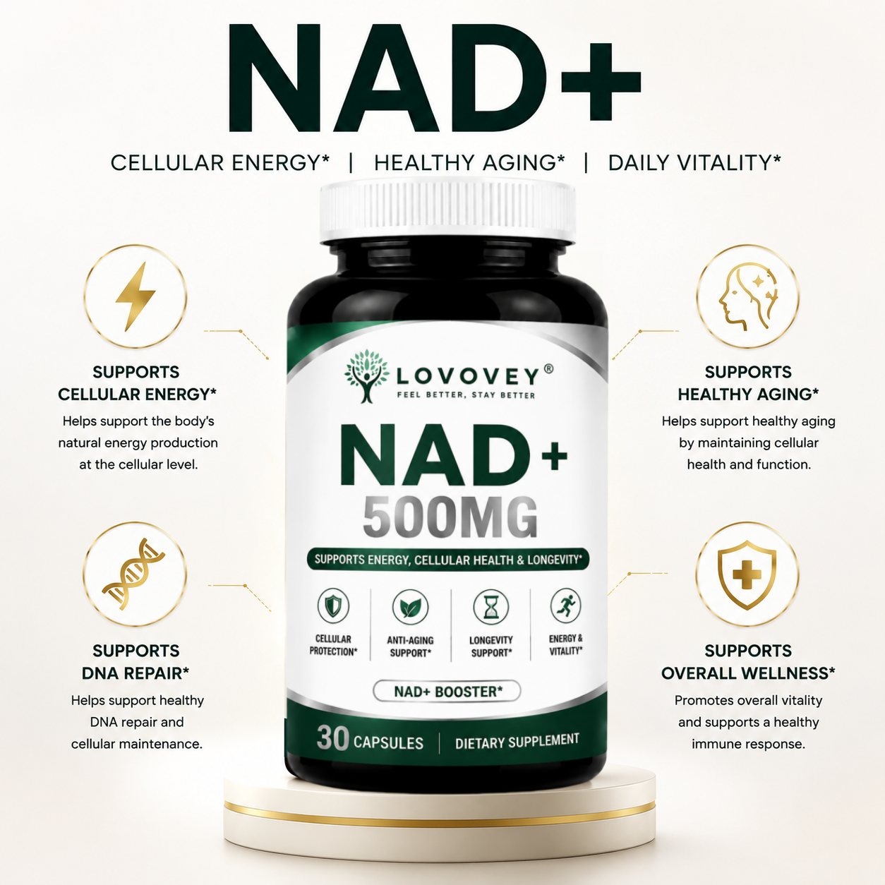 NAD+ Supplement - Cellular Energy & Healthy Aging - LOVOVEY 30 Capsules