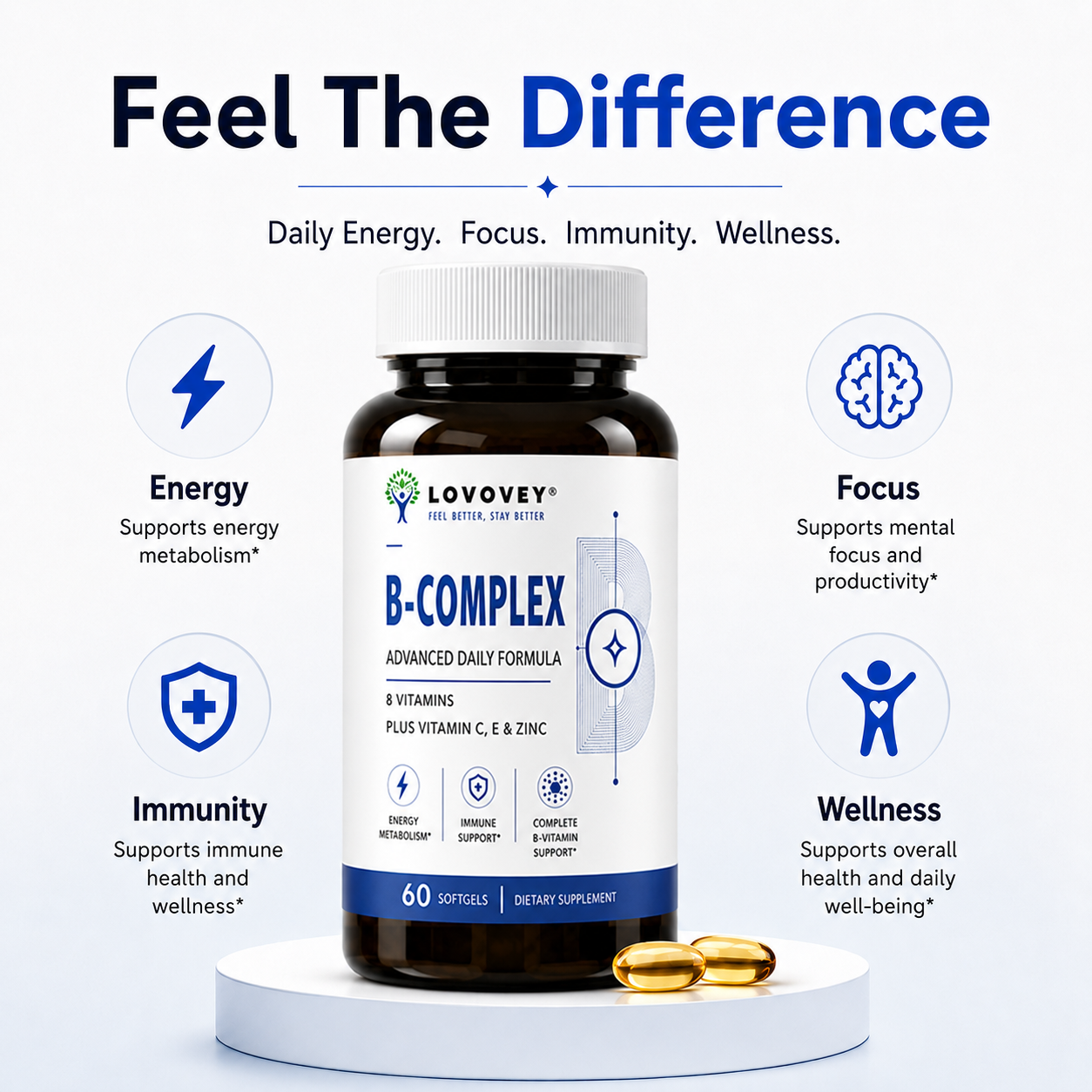LOVOVEY B-Complex Vitamin C E & Zinc | Energy & Immune Support | 60 Softgels