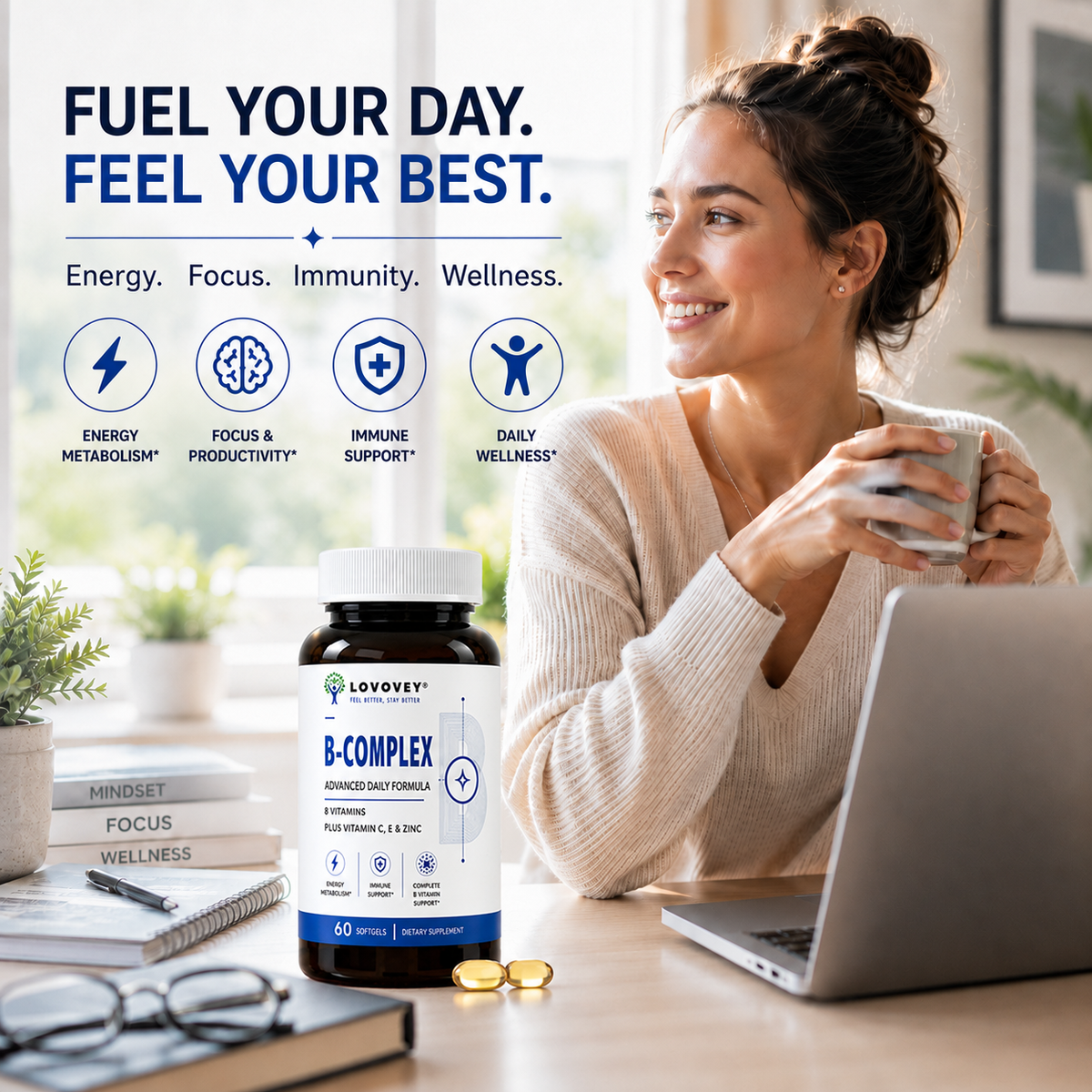 LOVOVEY B-Complex Vitamin C E & Zinc | Energy & Immune Support | 60 Softgels