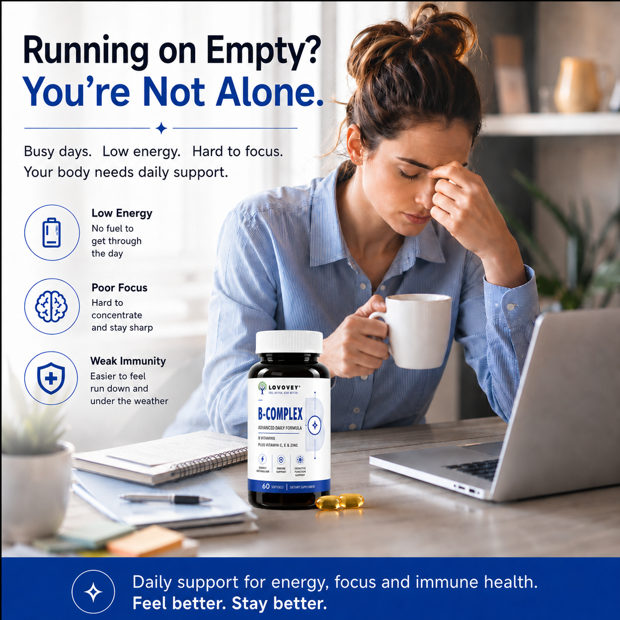 LOVOVEY B-Complex Vitamin C E & Zinc | Energy & Immune Support | 60 Softgels