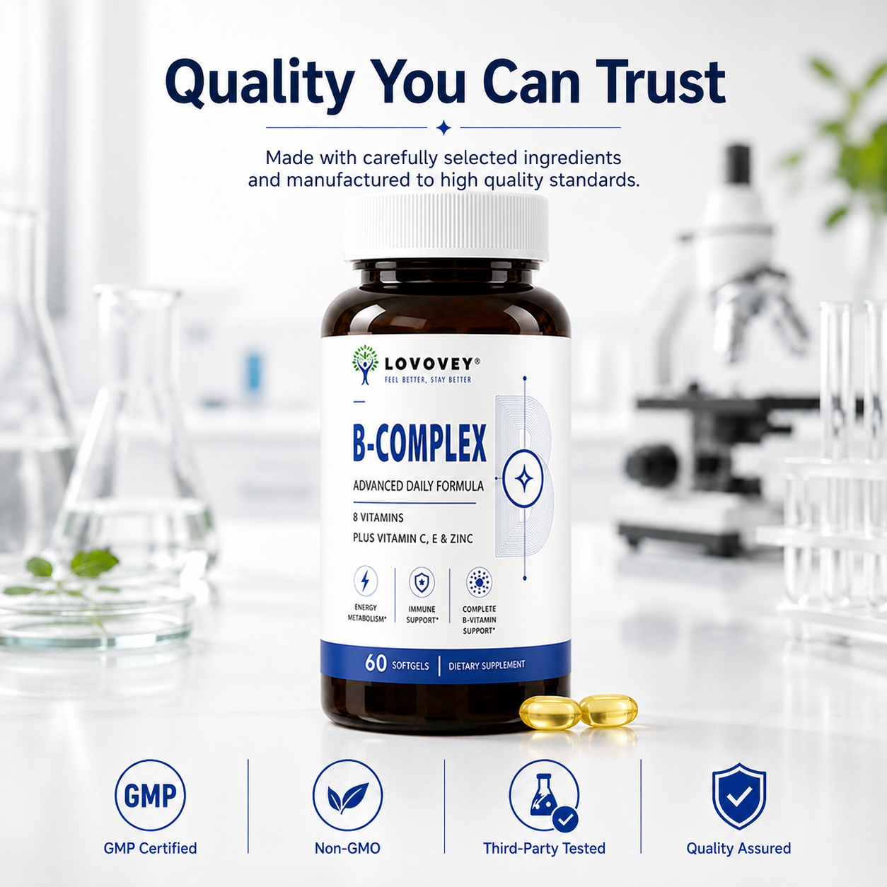 LOVOVEY B-Complex Vitamin C E & Zinc | Energy & Immune Support | 60 Softgels