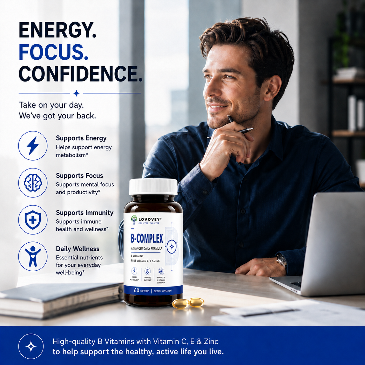 LOVOVEY B-Complex Vitamin C E & Zinc | Energy & Immune Support | 60 Softgels