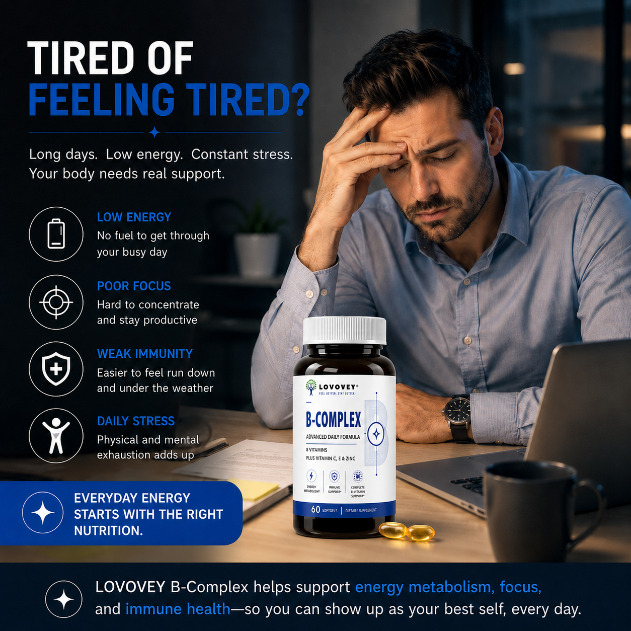 LOVOVEY B-Complex Vitamin C E & Zinc | Energy & Immune Support | 60 Softgels