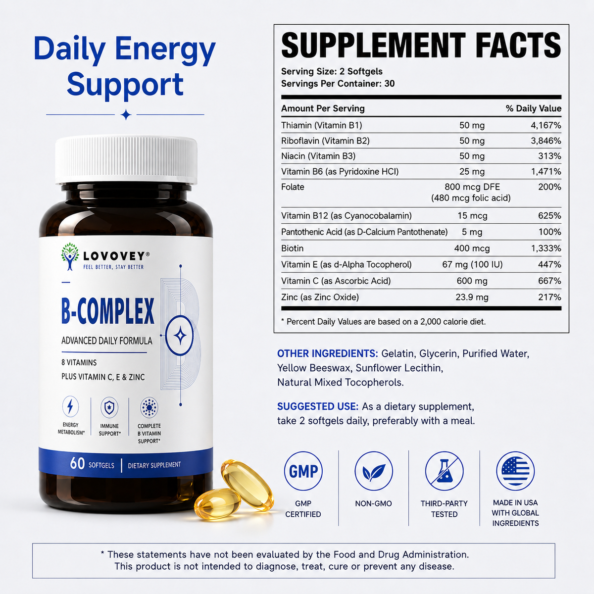 LOVOVEY B-Complex Vitamin C E & Zinc | Energy & Immune Support | 60 Softgels