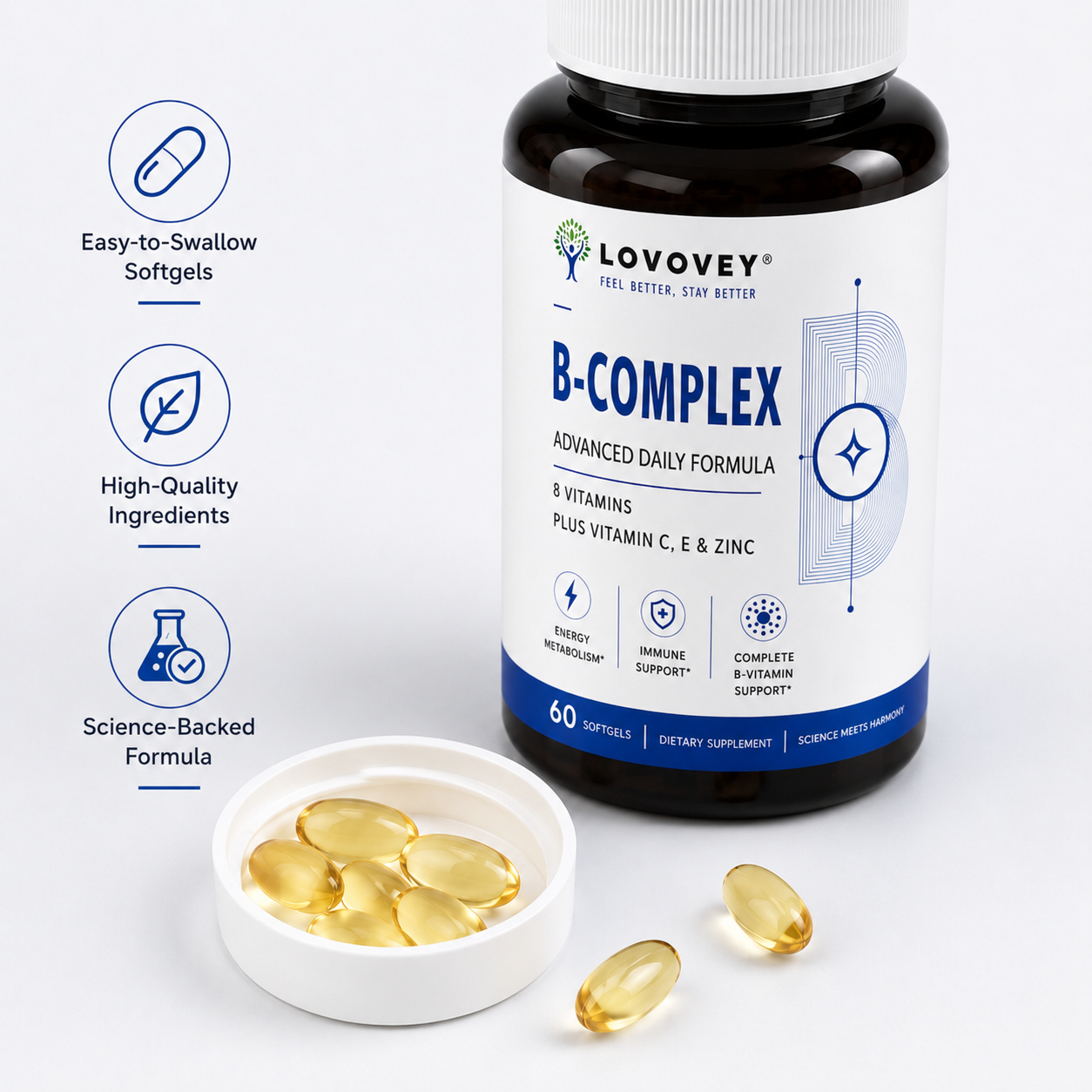 LOVOVEY B-Complex Vitamin C E & Zinc | Energy & Immune Support | 60 Softgels