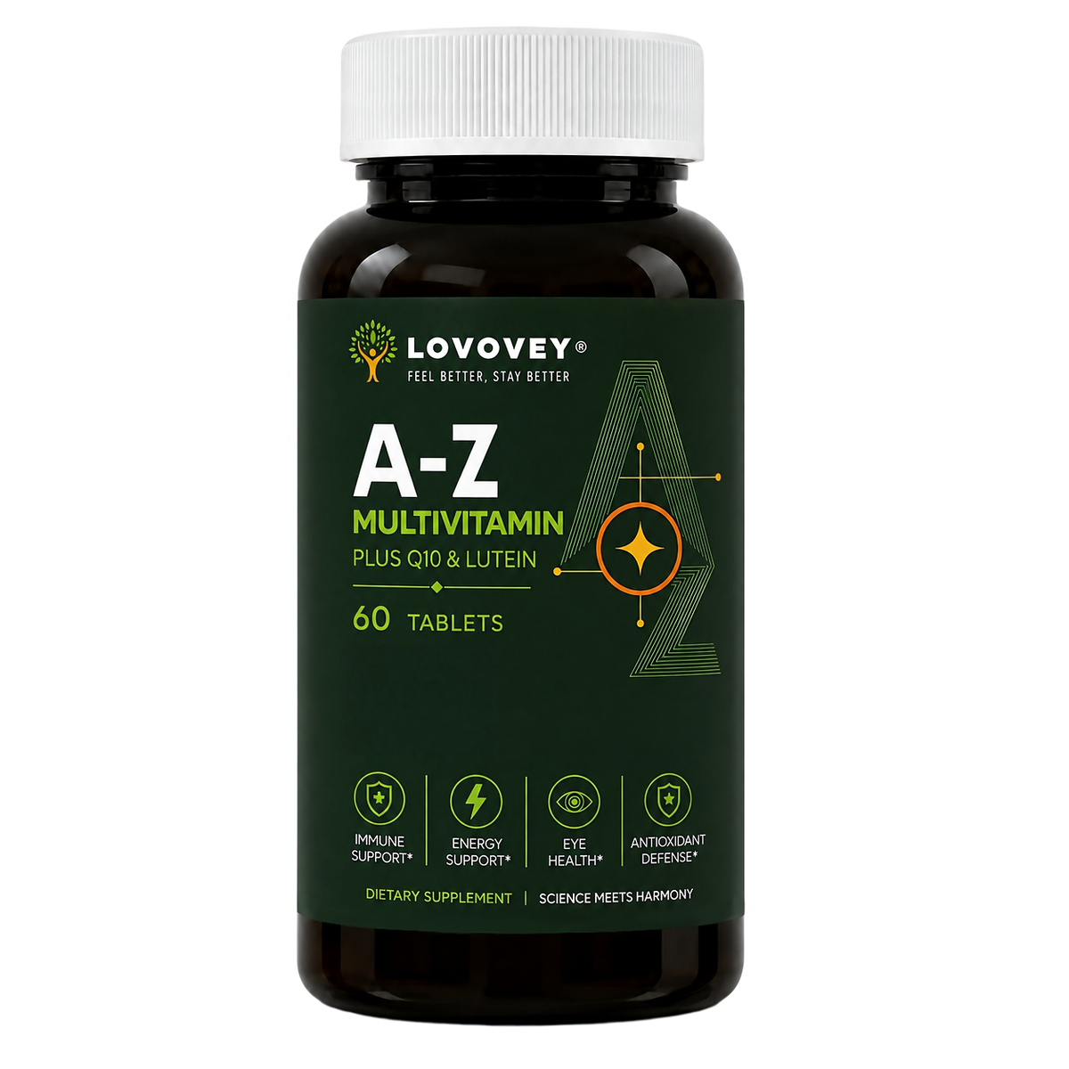 LOVOVEY A-Z Multivitamin CoQ10 & Lutein | Complete Daily Wellness | 60 Tablets