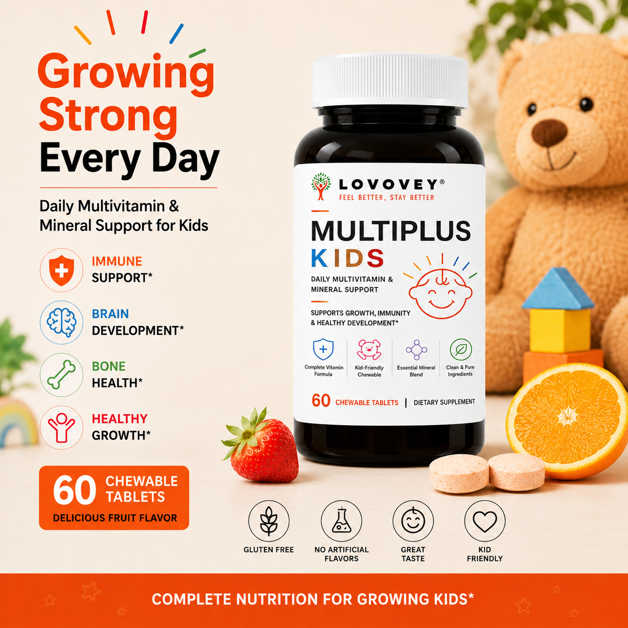 LOVOVEY Kids Daily Multivitamin & Minerals | Growth & Immune Support | 60 Tablets