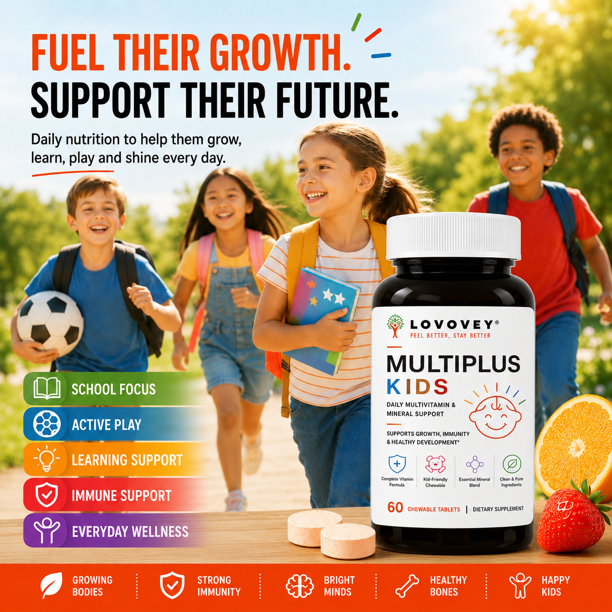 LOVOVEY Kids Daily Multivitamin & Minerals | Growth & Immune Support | 60 Tablets