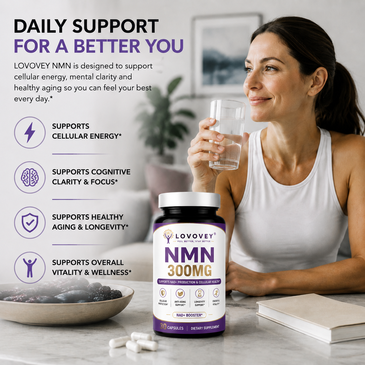 NMN Supplement - Cellular Energy & Healthy Aging Support - LOVOVEY 30 Capsules