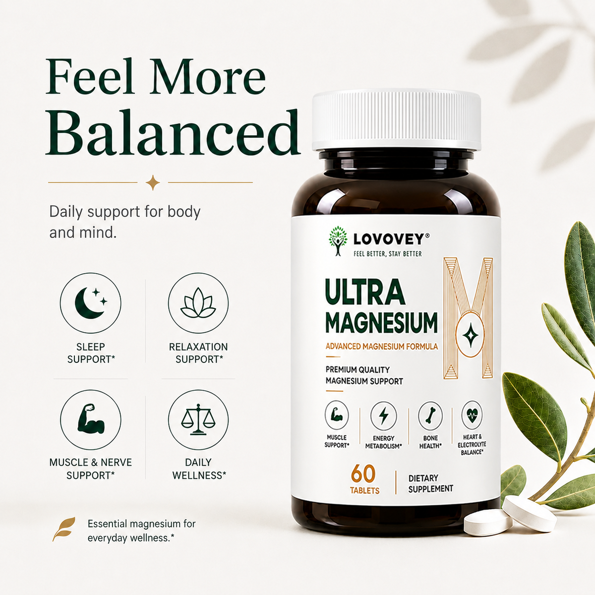 LOVOVEY Ultra Magnesium | Relaxation Sleep & Daily Wellness | 60 Tablets