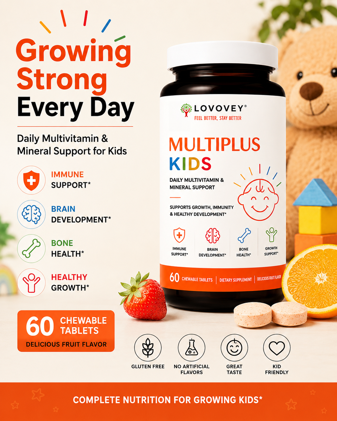 LOVOVEY Kids Daily Multivitamin & Mineral Support | 60 Tablets
