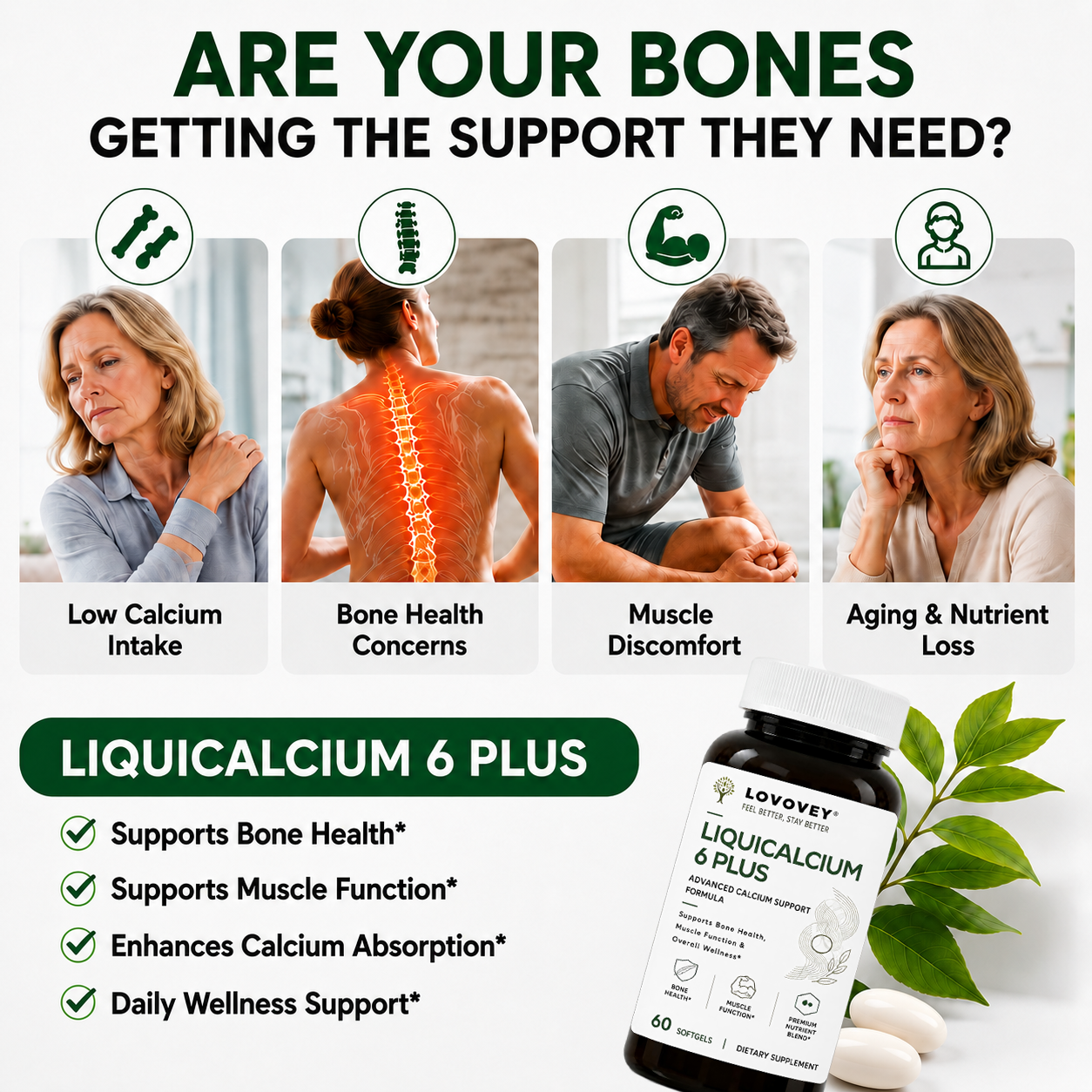 LOVOVEY LiquiCalcium D3 & K2 | Advanced Bone & Muscle Support | 60 Softgels