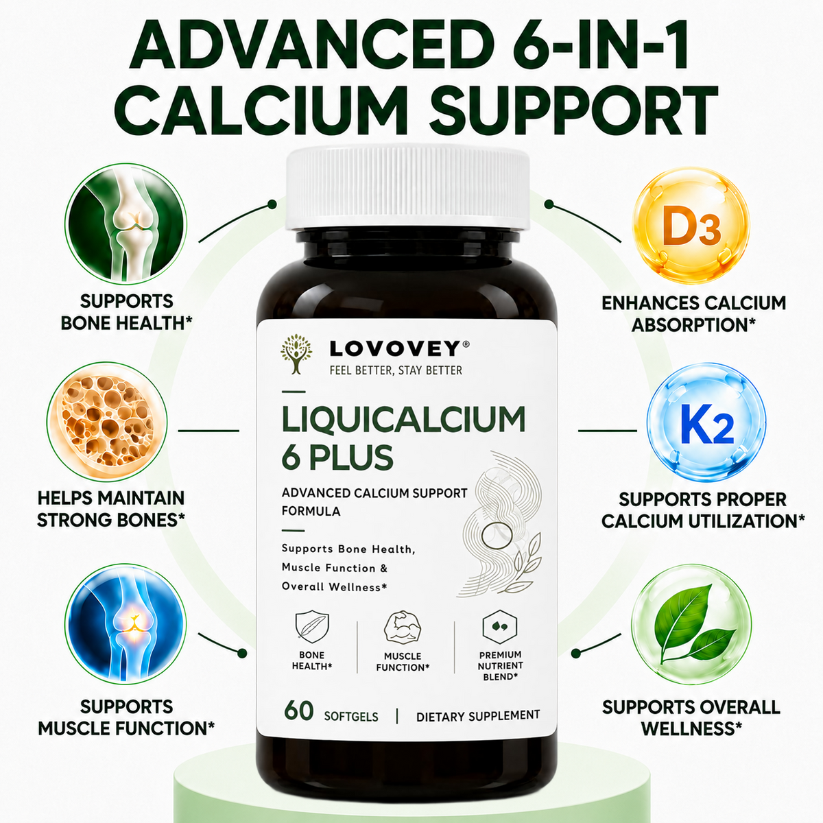 LOVOVEY LiquiCalcium D3 & K2 | Advanced Bone & Muscle Support | 60 Softgels