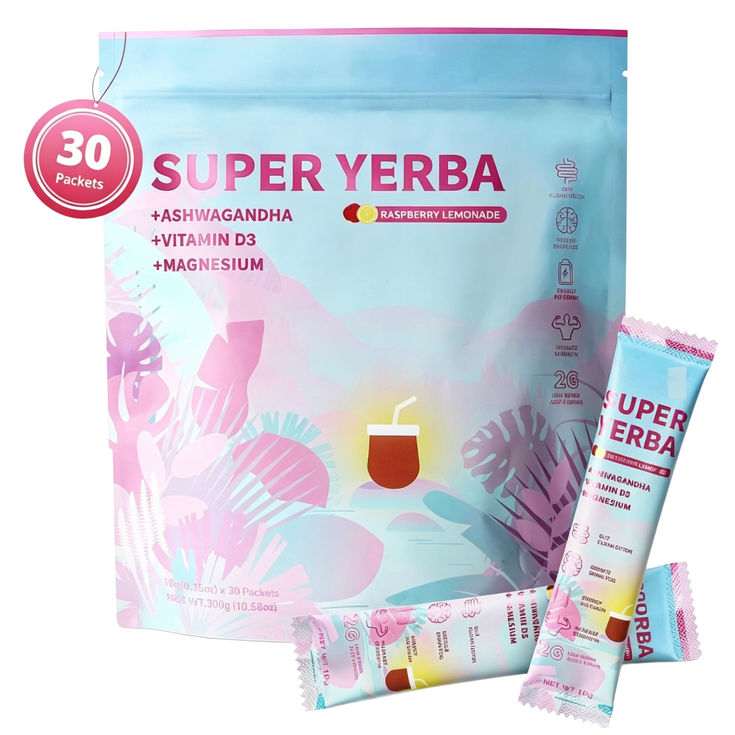 Super Yerba + Ashwagandha, Vitamin D3 & Magnesium – 30 Raspberry Lemonade Packets for Energy, Focus & Digestive Support