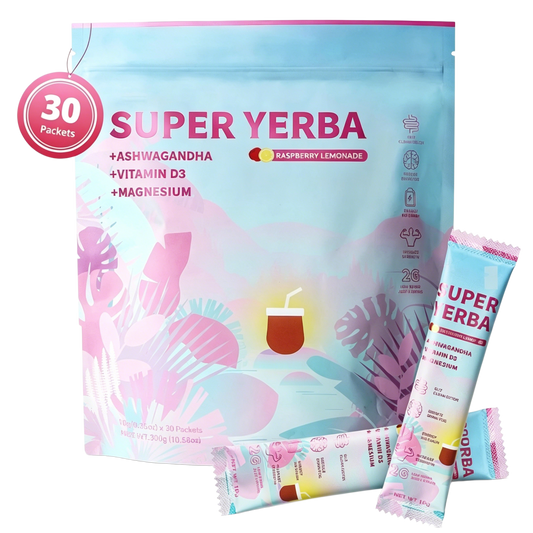 Super Yerba + Ashwagandha, Vitamin D3 & Magnesium – 30 Raspberry Lemonade Packets for Energy, Focus & Digestive Support