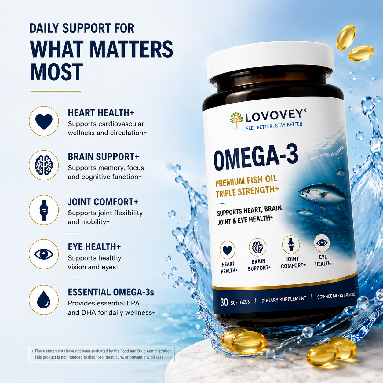 LOVOVEY Heart & Brain Omega-3 Fish Oil | 30 Softgels