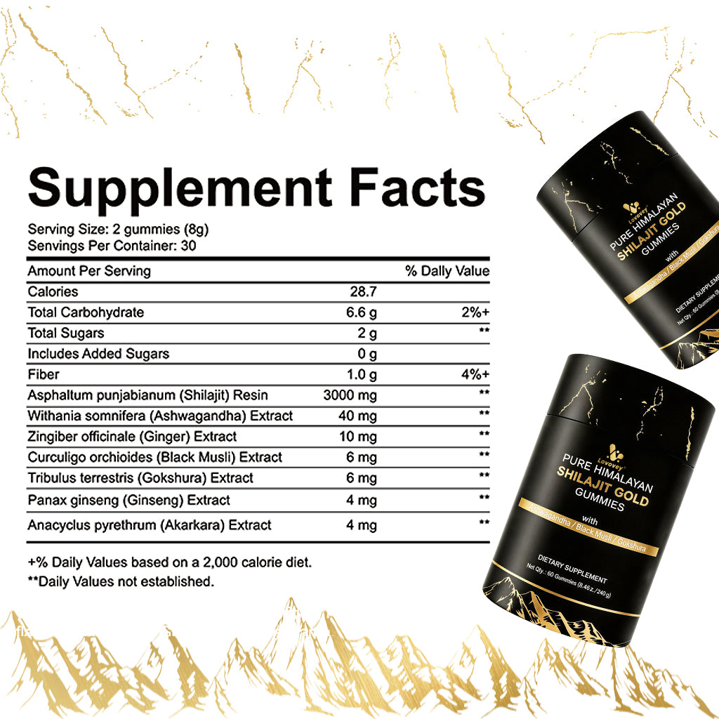 LOVOVEY Pure Himalayan Shilajit Gold Gummies | 60 Count, Premium Herbal Blend with Ashwagandha, Black Musli & Gokshura, Supports Energy, Vitality & Daily Wellness
