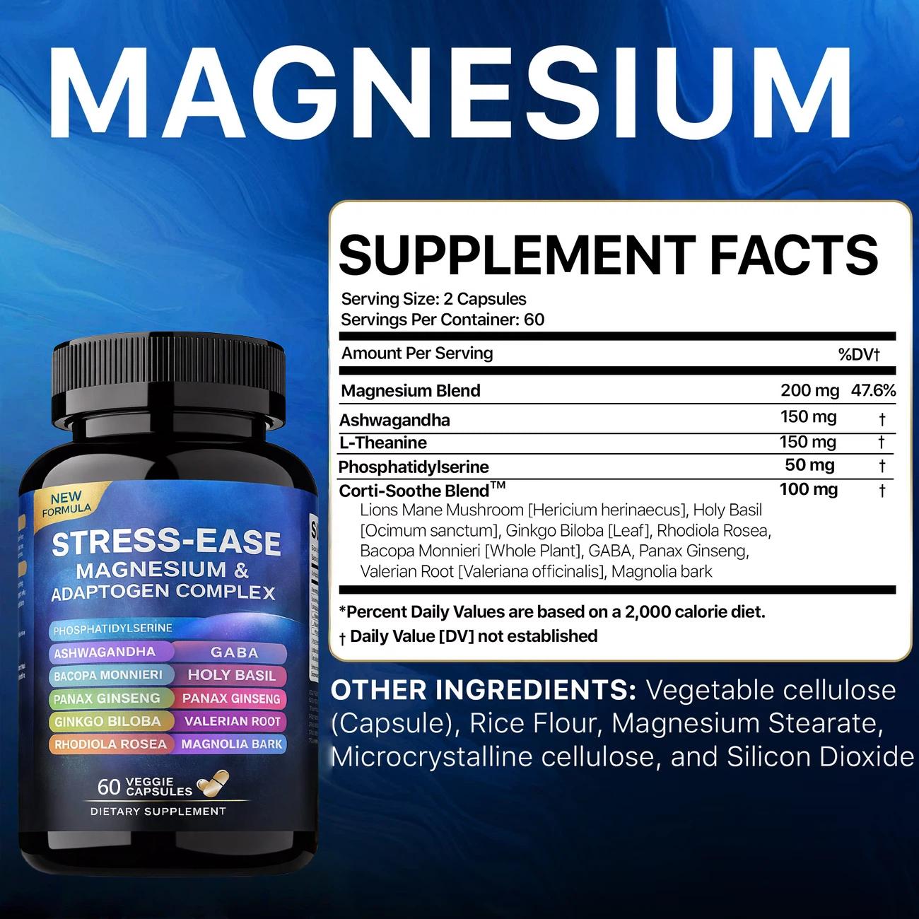 Stress-Ease Magnesium & Adaptogen Complex – Relaxation, Focus & Stress Support – 60 Veggie Capsules