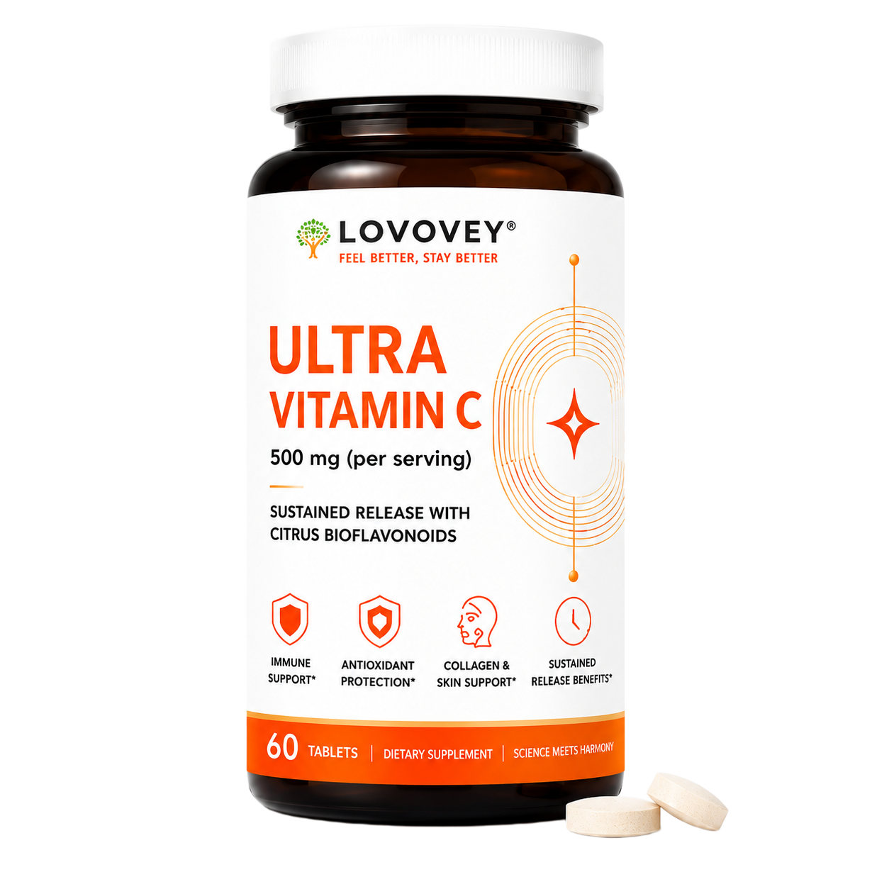 LOVOVEY Ultra Vitamin C 500mg | Sustained Release with Citrus Bioflavonoids | Immune & Antioxidant Support | 60 Tablets