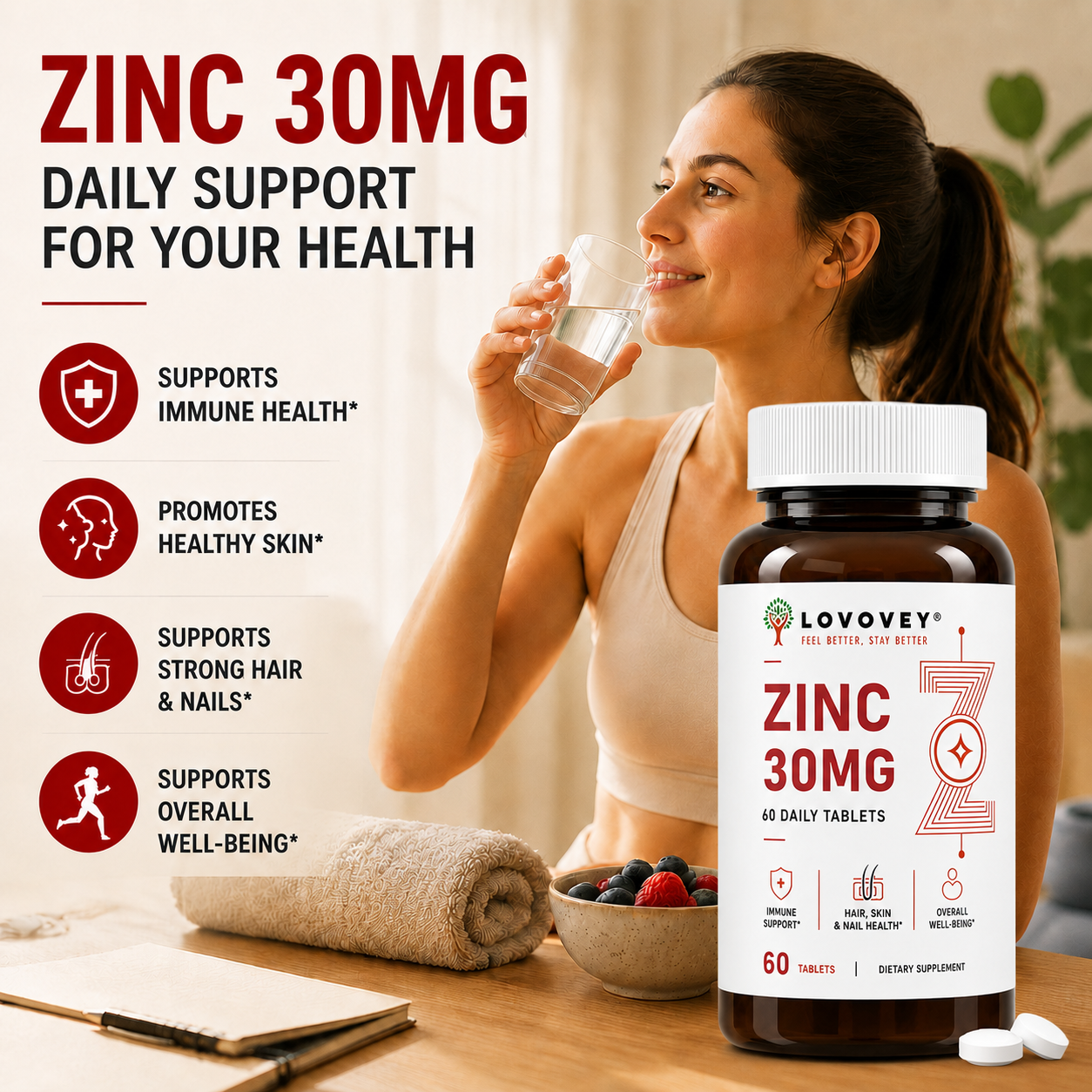 LOVOVEY Zinc 30mg | Immune Support & Skin Health | 60 Tablets