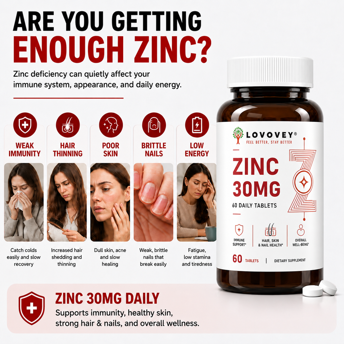 LOVOVEY Zinc 30mg | Immune Support & Skin Health | 60 Tablets