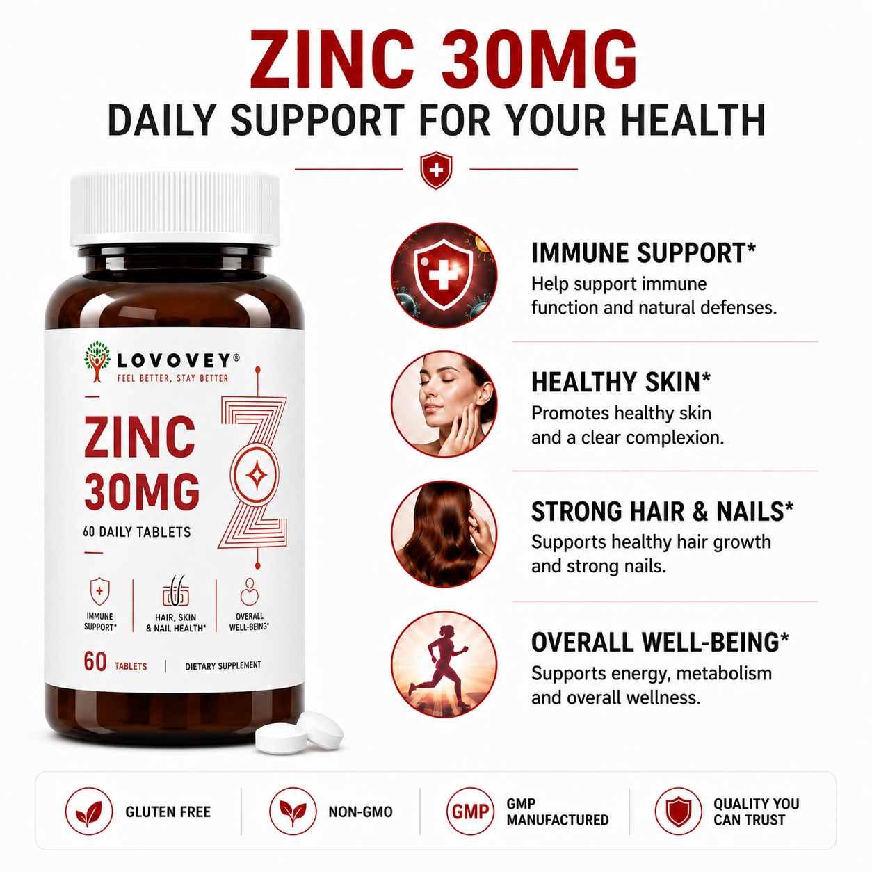 LOVOVEY Zinc 30mg | Immune Support & Skin Health | 60 Tablets