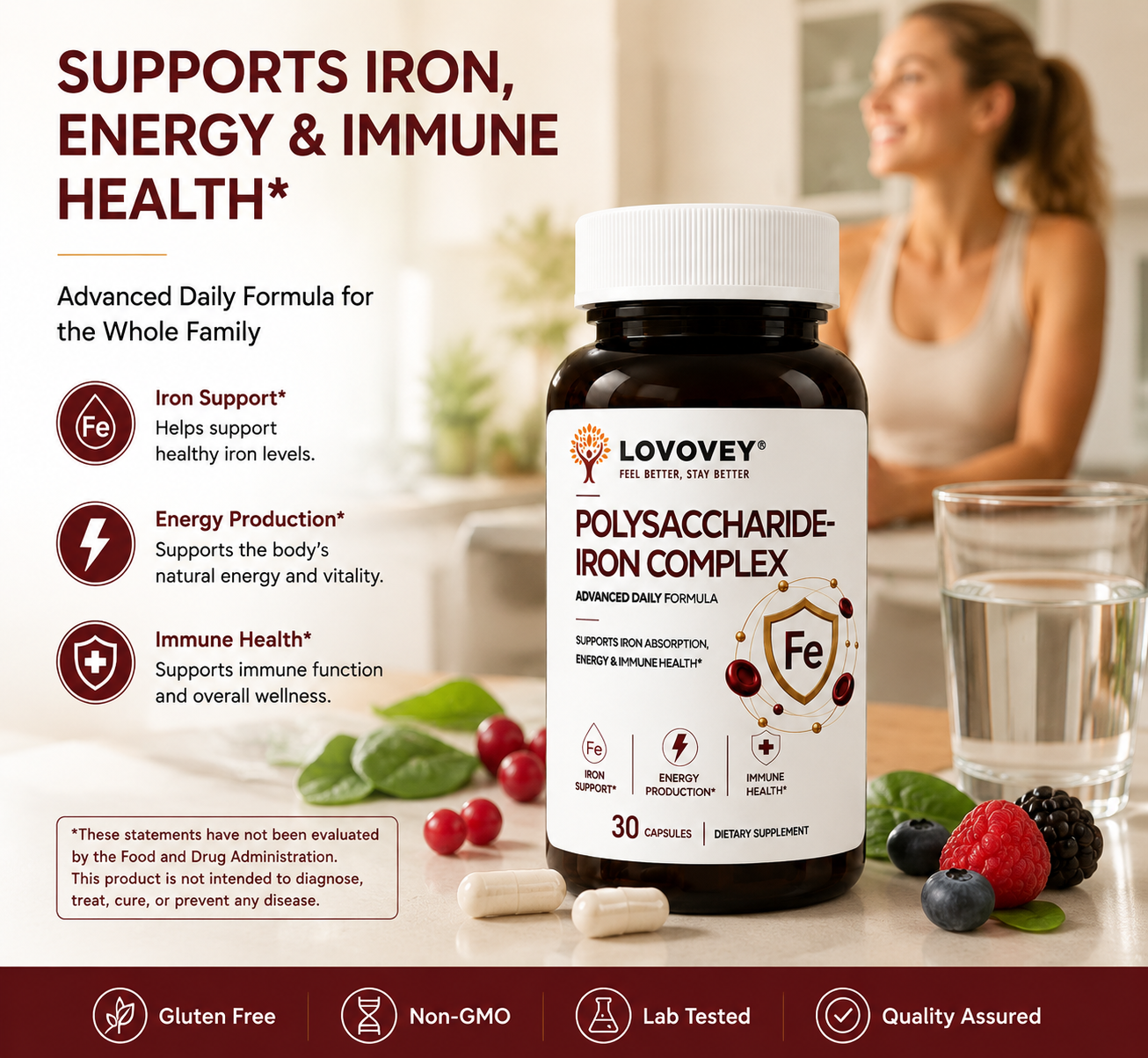 Iron Supplement - Blood Health & Energy Support - LOVOVEY 30 Capsules
