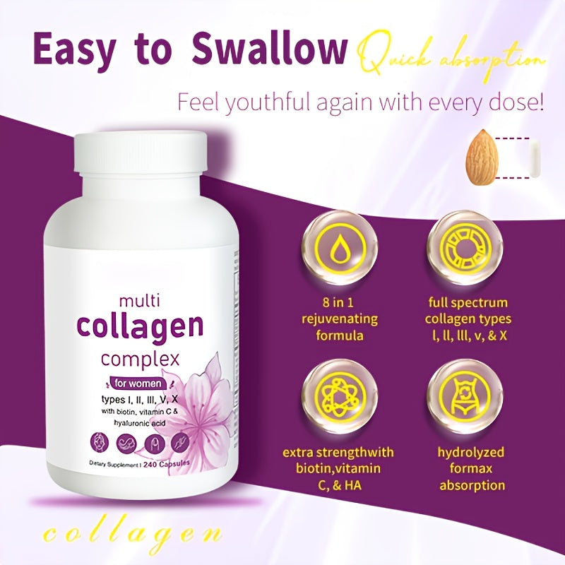 Multi Collagen Complex for Women – Types I, II, III, V, X with Biotin, Vitamin C & Hyaluronic Acid – 240 Capsules