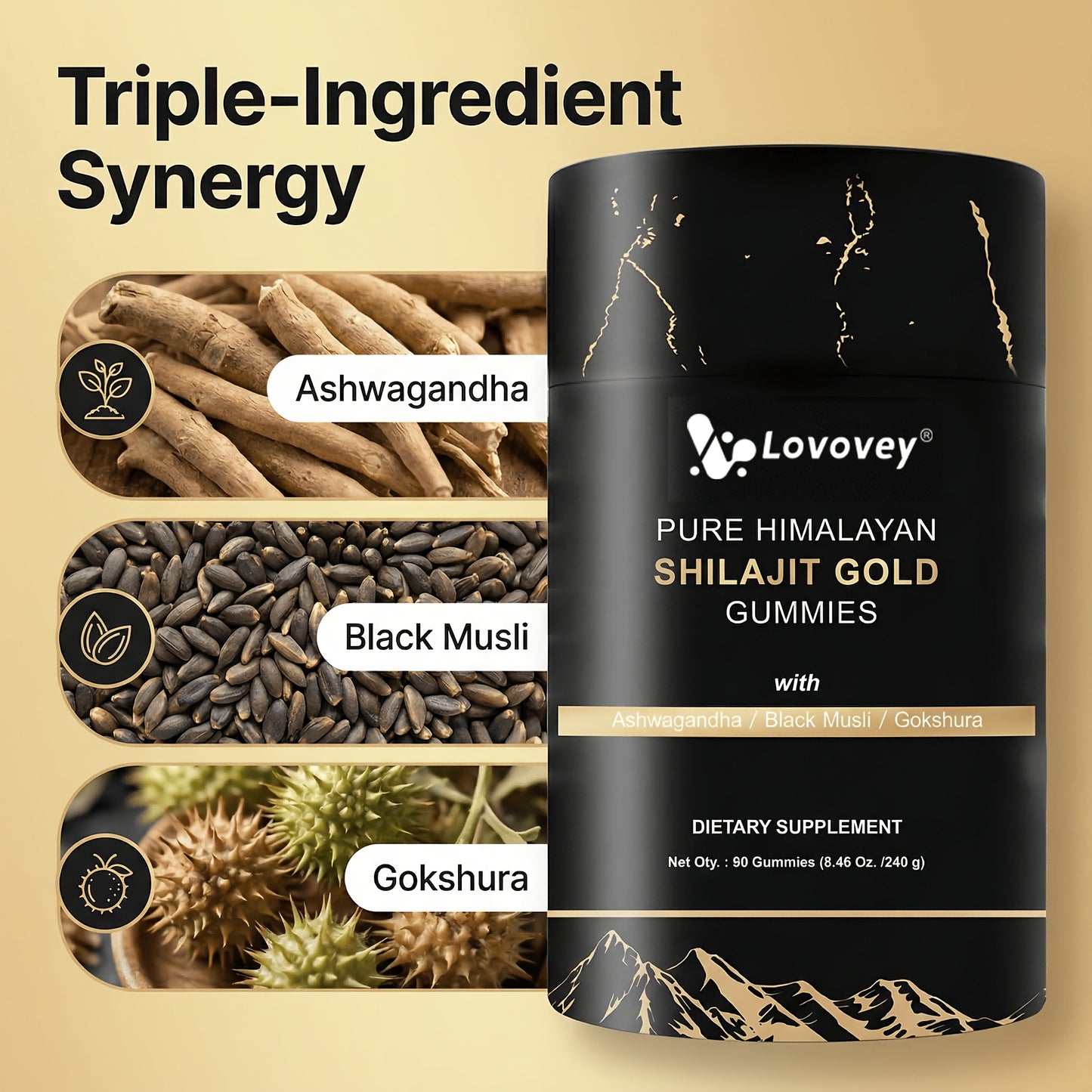 LOVOVEY Pure Himalayan Shilajit Gold Gummies | 60 Count, Premium Herbal Blend with Ashwagandha, Black Musli & Gokshura, Supports Energy, Vitality & Daily Wellness