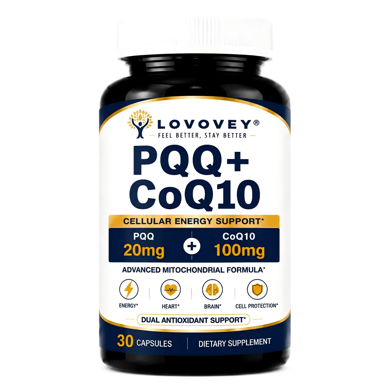 PQQ + CoQ10 Supplement - Cellular Energy & Mitochondrial Support - LOVOVEY 30 Capsules